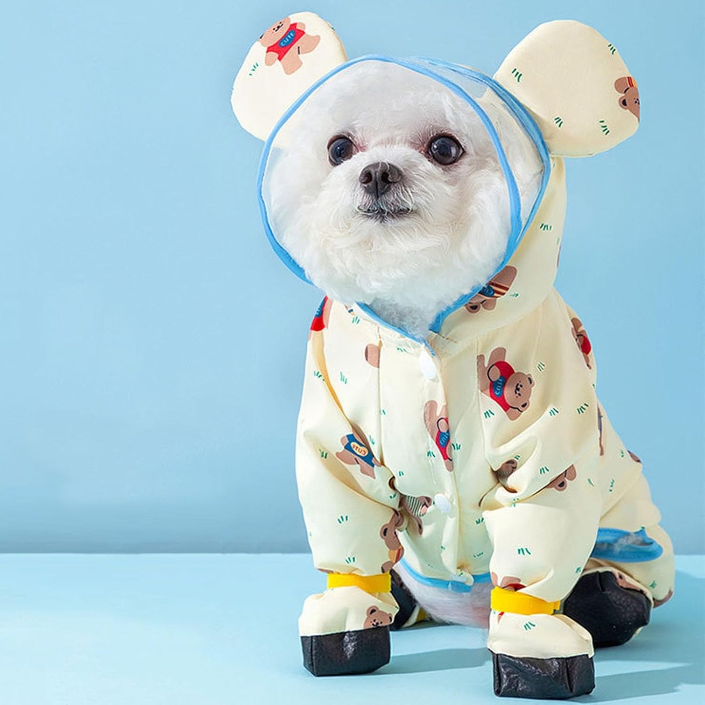 Junchl Small Dog Raincoat Rainboots with D-Ring, Full Coverage Dog Rain Jacket Slicker Poncho, Waterproof Dog Rain Jacket with Reflective Strip, Rainboot, Tail Cover Yellow Bear 2XL