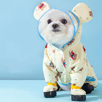 Junchl Small Dog Raincoat Rainboots with D-Ring, Full Coverage Dog Rain Jacket Slicker Poncho, Waterproof Dog Rain Jacket with Reflective Strip, Rainboot, Tail Cover Yellow Bear 2XL