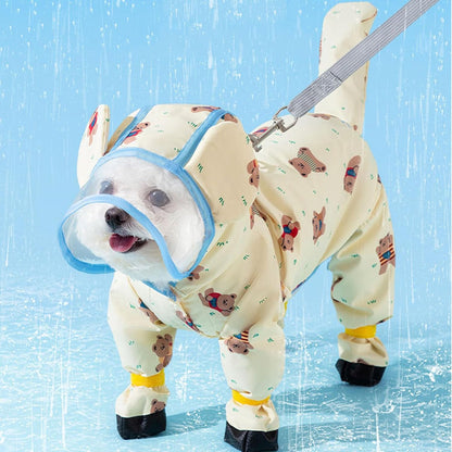 Junchl Small Dog Raincoat Rainboots with D-Ring, Full Coverage Dog Rain Jacket Slicker Poncho, Waterproof Dog Rain Jacket with Reflective Strip, Rainboot, Tail Cover Yellow Bear 2XL