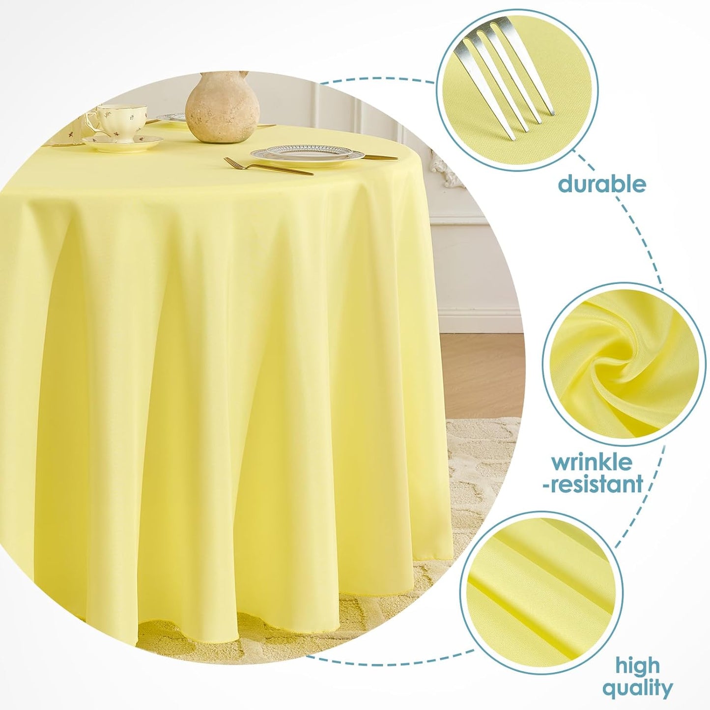 Tablecloth 6 Pack 120inch Round Table Cloth Polyester, Yellow | Stain and Wrinkle Resistant Polyester Dining Table Cover for Kitchen Dining Party Wedding Tabletop Buffet Decoration