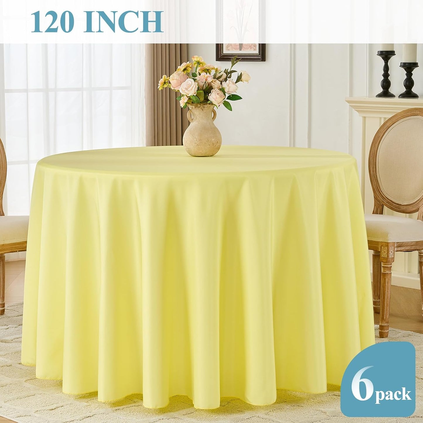 Tablecloth 6 Pack 120inch Round Table Cloth Polyester, Yellow | Stain and Wrinkle Resistant Polyester Dining Table Cover for Kitchen Dining Party Wedding Tabletop Buffet Decoration