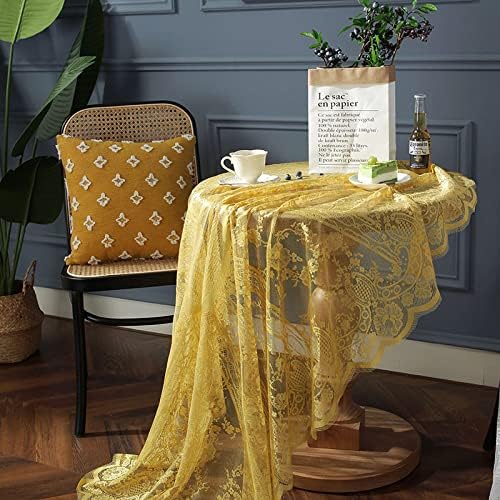 Lace Elegant Round Tablecloth Vintage Embroidered Lace Overlay for Party Wedding Kitchen Dining Home Decorations (Yellow, Diameter 75")