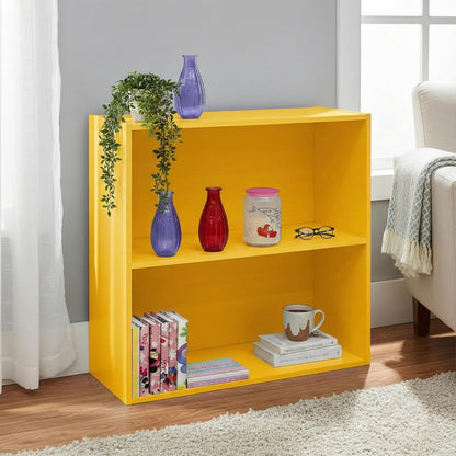 Kings Brand 2-Tier Bookcase Organizer – Contemporary Wooden Shelf (Yellow) | Compact 2-Tier Bookcase with Vivid Finish, Sturdy Wood Shelves Organize Books, Toys, Baskets, and Décor Accents