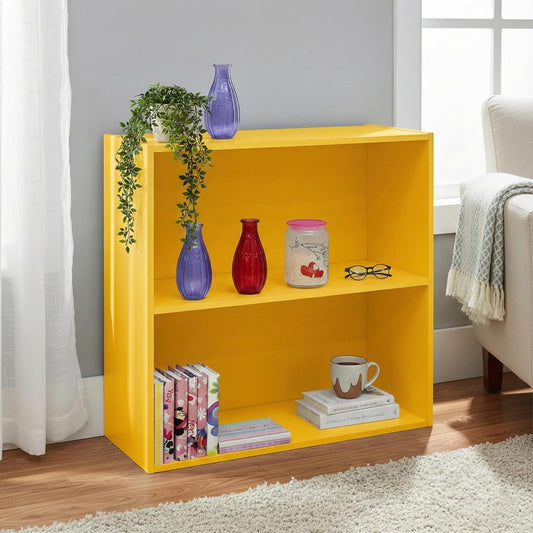 Kings Brand 2-Tier Bookcase Organizer – Contemporary Wooden Shelf (Yellow) | Compact 2-Tier Bookcase with Vivid Finish, Sturdy Wood Shelves Organize Books, Toys, Baskets, and Décor Accents