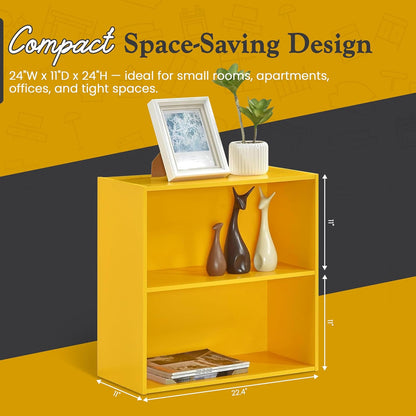 Kings Brand 2-Tier Bookcase Organizer – Contemporary Wooden Shelf (Yellow) | Compact 2-Tier Bookcase with Vivid Finish, Sturdy Wood Shelves Organize Books, Toys, Baskets, and Décor Accents