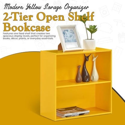 Kings Brand 2-Tier Bookcase Organizer – Contemporary Wooden Shelf (Yellow) | Compact 2-Tier Bookcase with Vivid Finish, Sturdy Wood Shelves Organize Books, Toys, Baskets, and Décor Accents
