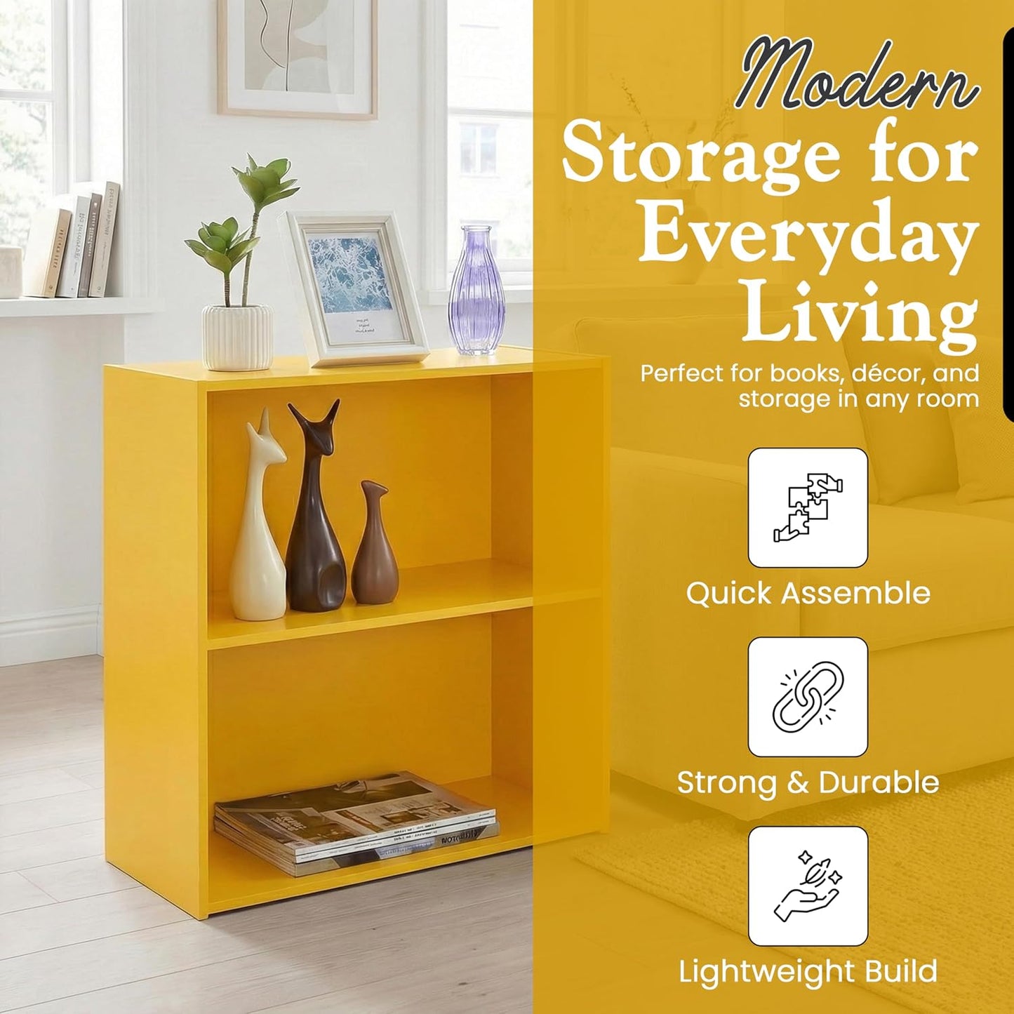 Kings Brand 2-Tier Bookcase Organizer – Contemporary Wooden Shelf (Yellow) | Compact 2-Tier Bookcase with Vivid Finish, Sturdy Wood Shelves Organize Books, Toys, Baskets, and Décor Accents