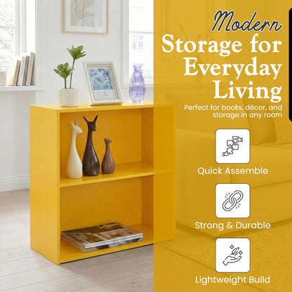 Kings Brand 2-Tier Bookcase Organizer – Contemporary Wooden Shelf (Yellow) | Compact 2-Tier Bookcase with Vivid Finish, Sturdy Wood Shelves Organize Books, Toys, Baskets, and Décor Accents