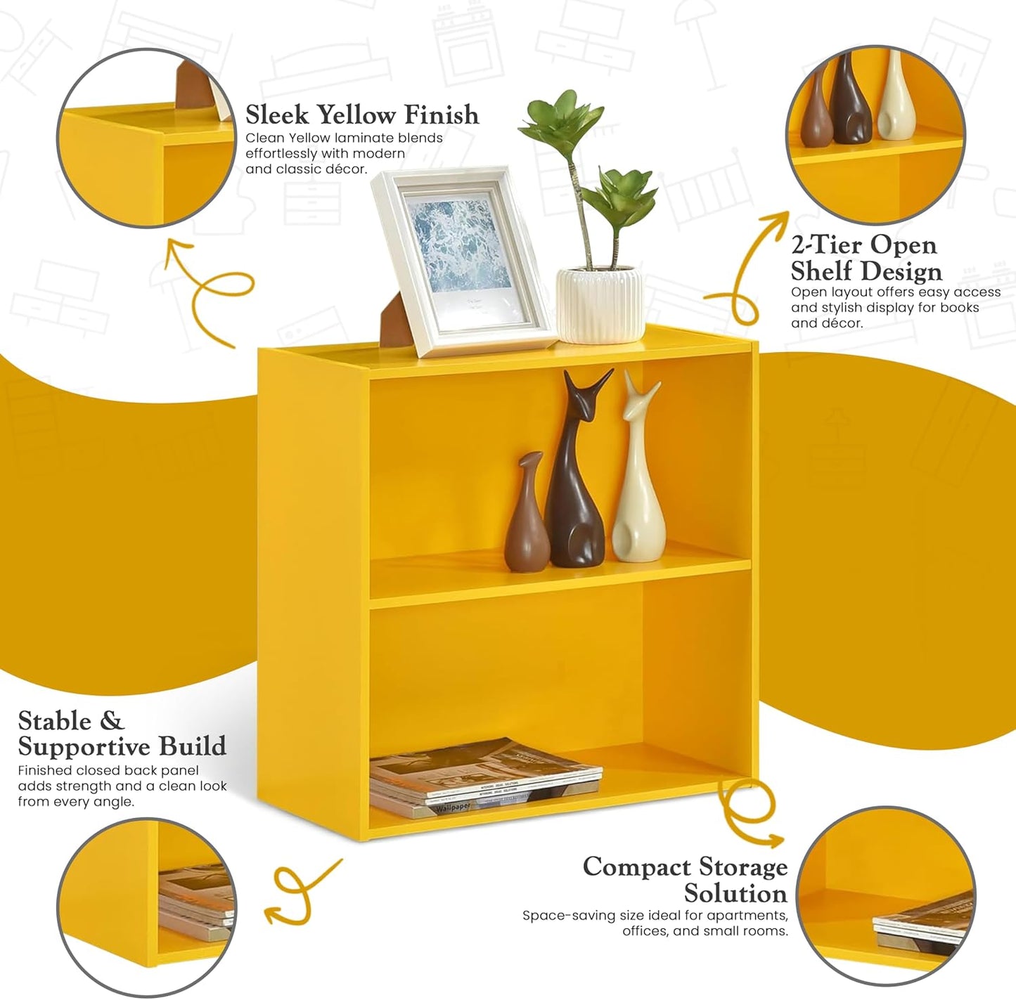 Kings Brand 2-Tier Bookcase Organizer – Contemporary Wooden Shelf (Yellow) | Compact 2-Tier Bookcase with Vivid Finish, Sturdy Wood Shelves Organize Books, Toys, Baskets, and Décor Accents
