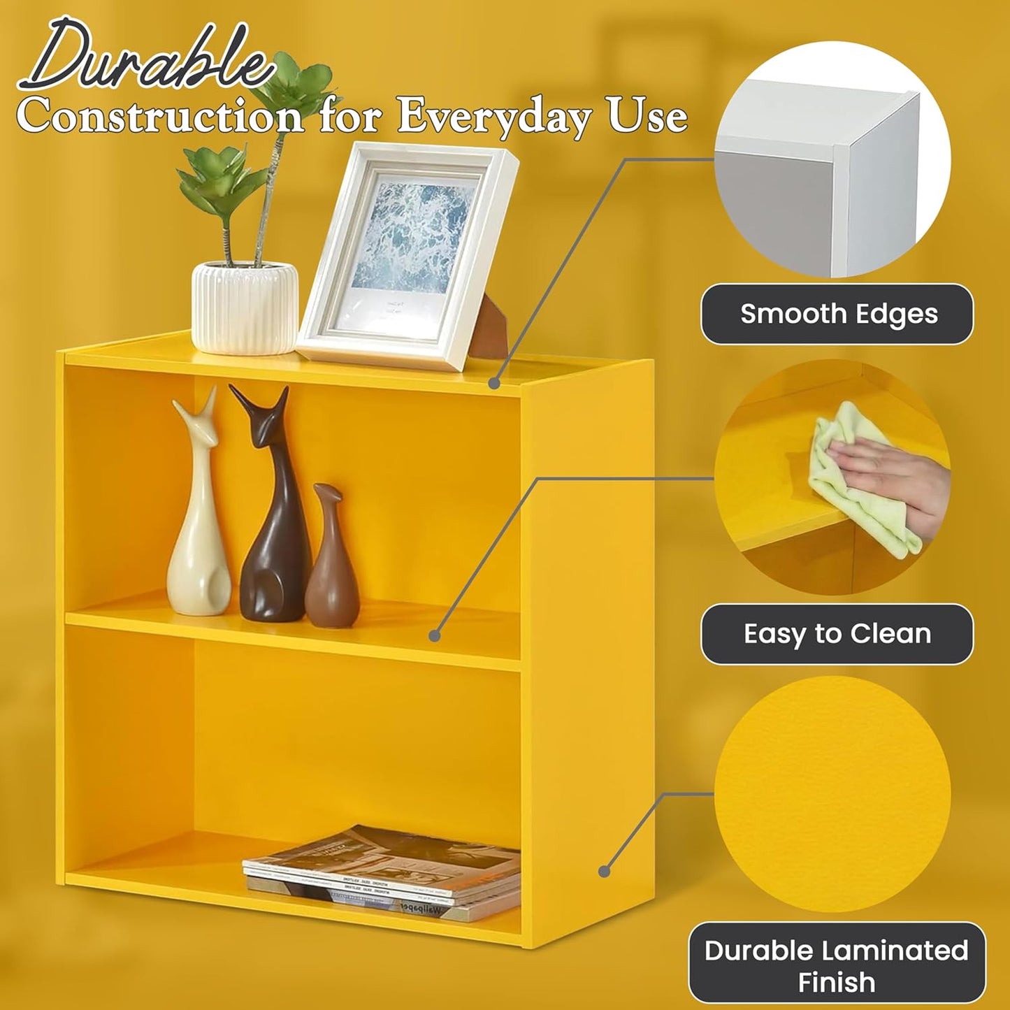 Kings Brand 2-Tier Bookcase Organizer – Contemporary Wooden Shelf (Yellow) | Compact 2-Tier Bookcase with Vivid Finish, Sturdy Wood Shelves Organize Books, Toys, Baskets, and Décor Accents
