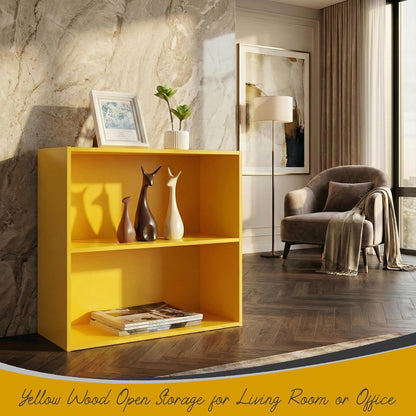 Kings Brand 2-Tier Bookcase Organizer – Contemporary Wooden Shelf (Yellow) | Compact 2-Tier Bookcase with Vivid Finish, Sturdy Wood Shelves Organize Books, Toys, Baskets, and Décor Accents