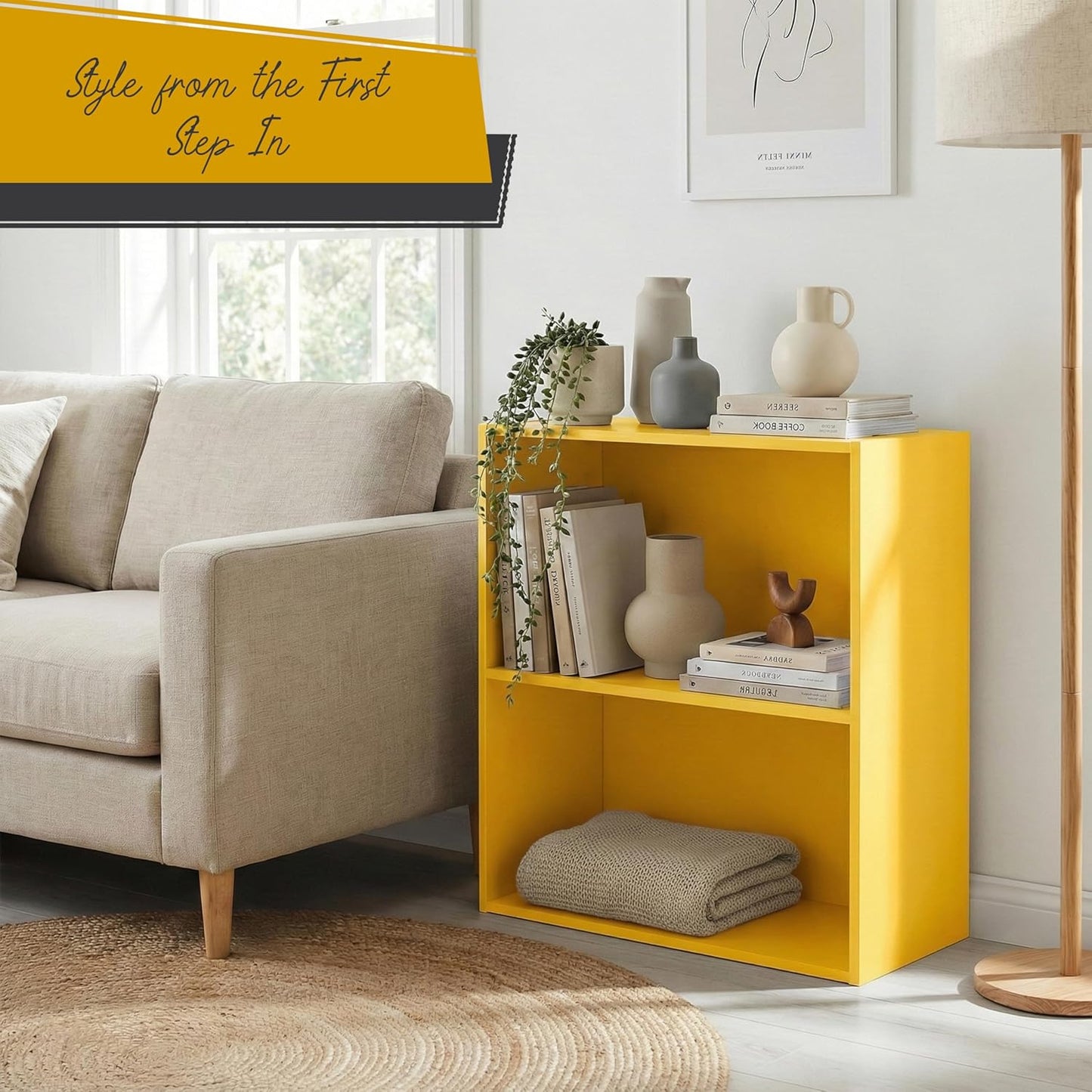 Kings Brand 2-Tier Bookcase Organizer – Contemporary Wooden Shelf (Yellow) | Compact 2-Tier Bookcase with Vivid Finish, Sturdy Wood Shelves Organize Books, Toys, Baskets, and Décor Accents