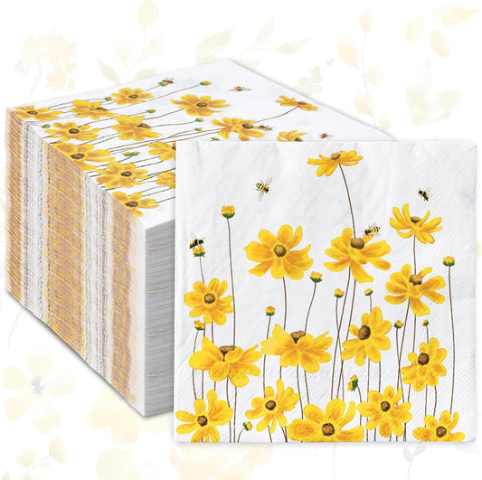 80 Pcs Summer Floral Cocktail Napkins Flower Bee Disposable Paper Napkins Yellow Decorative Beverage Napkin for Birthday Wedding Baby Shower Party Supplies