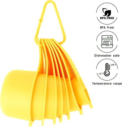 Plastic Measuring Cups and Spoons Set, 7 Plastic Measuring Cups and 7 Measuring Spoons with 1 Leveler, Engraved Both US&Metric Measure Cup Spoon for Kitchen&Baking Yellow