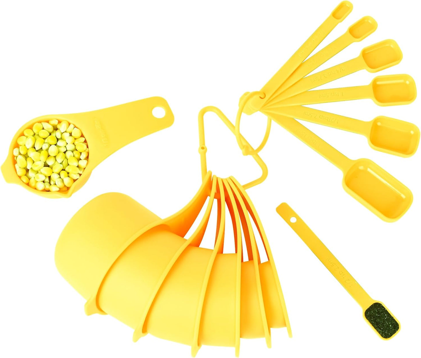 Plastic Measuring Cups and Spoons Set, 7 Plastic Measuring Cups and 7 Measuring Spoons with 1 Leveler, Engraved Both US&Metric Measure Cup Spoon for Kitchen&Baking Yellow