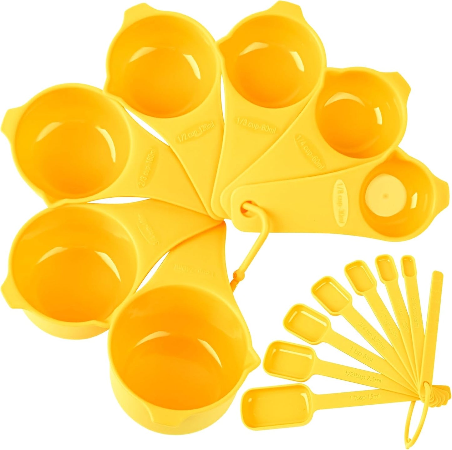 Plastic Measuring Cups and Spoons Set, 7 Plastic Measuring Cups and 7 Measuring Spoons with 1 Leveler, Engraved Both US&Metric Measure Cup Spoon for Kitchen&Baking Yellow