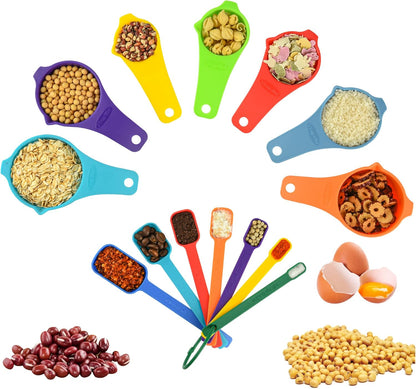 Plastic Measuring Cups and Spoons Set, 7 Plastic Measuring Cups and 7 Measuring Spoons with 1 Leveler, Engraved Both US&Metric Measure Cup Spoon for Kitchen&Baking Yellow