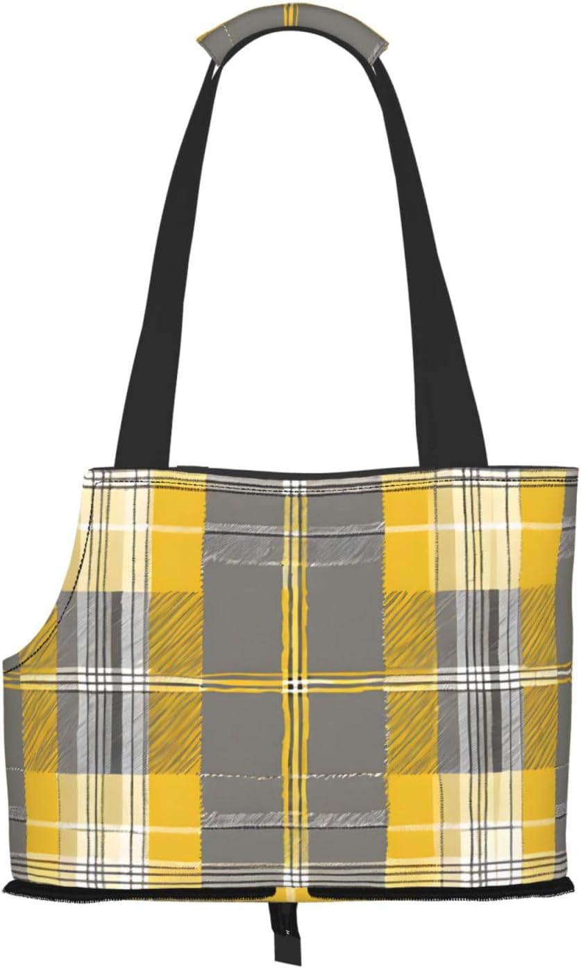 Yellow Gray Black Plaid Printed Foldable Pet Bag - Portable Puppy Cat Travel Handbag Tote,Pet Carrier Backpacks.