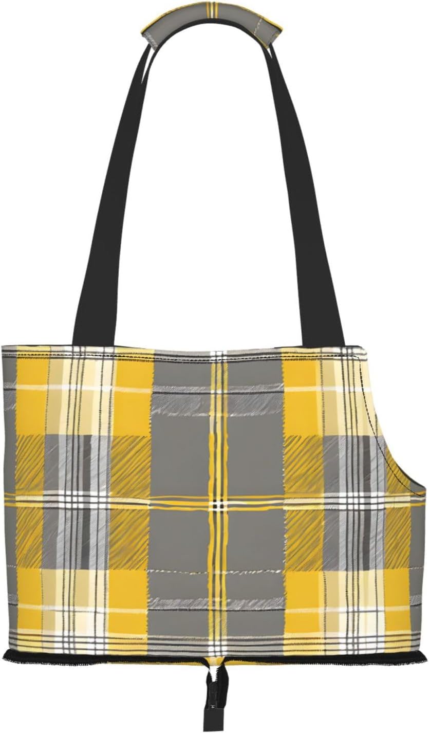Yellow Gray Black Plaid Printed Foldable Pet Bag - Portable Puppy Cat Travel Handbag Tote,Pet Carrier Backpacks.