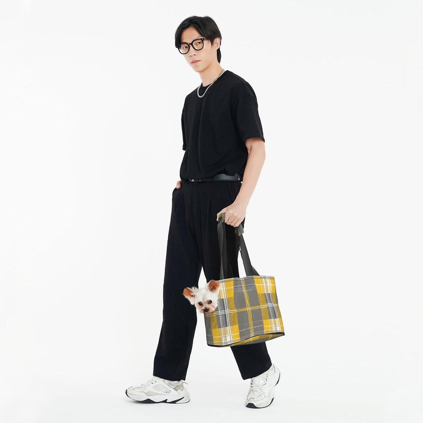 Yellow Gray Black Plaid Printed Foldable Pet Bag - Portable Puppy Cat Travel Handbag Tote,Pet Carrier Backpacks.