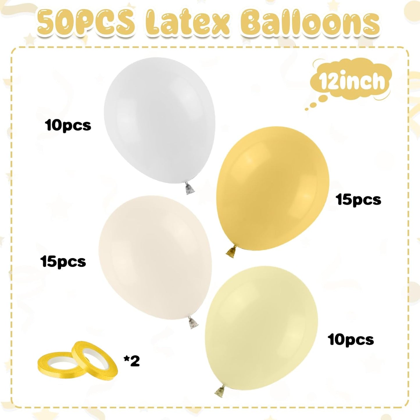 Mustard Yellow White Balloons, 50PCS 12Inches White Sand Pastel Yellow Latex Party Balloon for Baby Shower Theme Birthday Gender Reveal Bridal Wedding Decoration