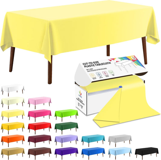 54 Inch X 200 Feet Plastic Table Cover Roll Disposable Tablecloth with Slide Cutter for All Type/Shape Tables | Picnic, Party, Banquet, Birthdays, Weddings (Light Yellow)