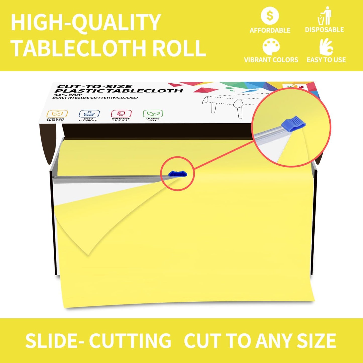 54 Inch X 200 Feet Plastic Table Cover Roll Disposable Tablecloth with Slide Cutter for All Type/Shape Tables | Picnic, Party, Banquet, Birthdays, Weddings (Light Yellow)