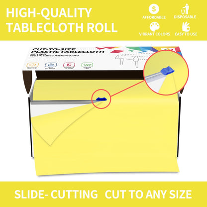 54 Inch X 200 Feet Plastic Table Cover Roll Disposable Tablecloth with Slide Cutter for All Type/Shape Tables | Picnic, Party, Banquet, Birthdays, Weddings (Light Yellow)