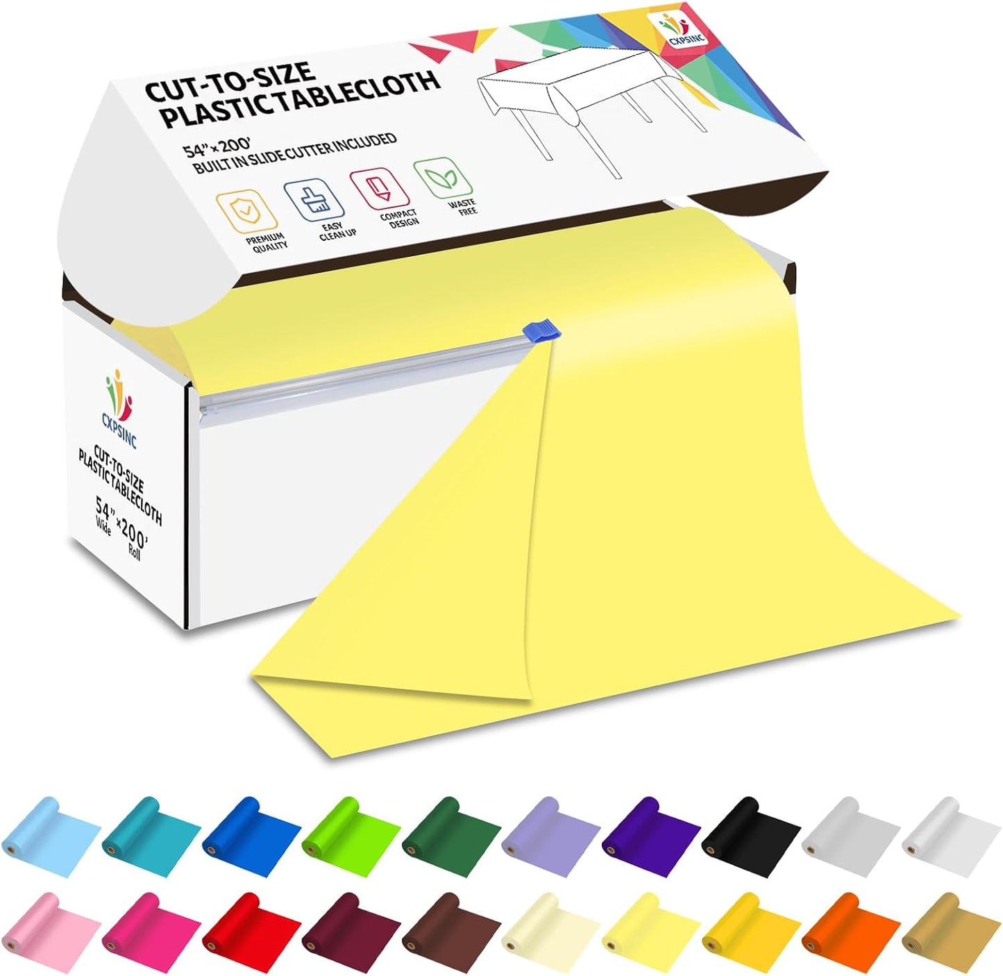 54 Inch X 200 Feet Plastic Table Cover Roll Disposable Tablecloth with Slide Cutter for All Type/Shape Tables | Picnic, Party, Banquet, Birthdays, Weddings (Light Yellow)