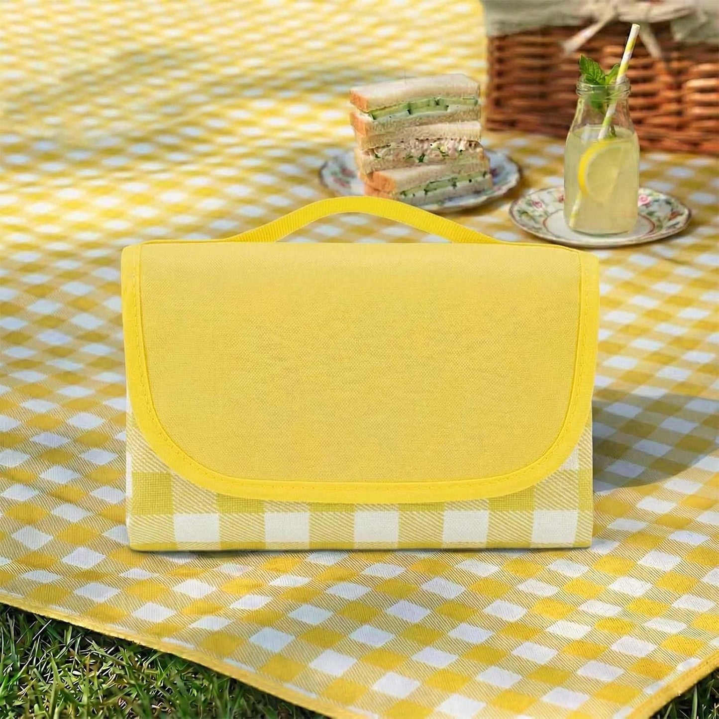 1 Pack Gingham Waterproof Outdoor Picnic Blanket 80x60 Inch Yellow | Oxford Fabric PVC Waterproof Backing Velcro Closure Foldable Portable Outdoor Beach Blanket Sandproof Picnic Mat 80x60 Inch