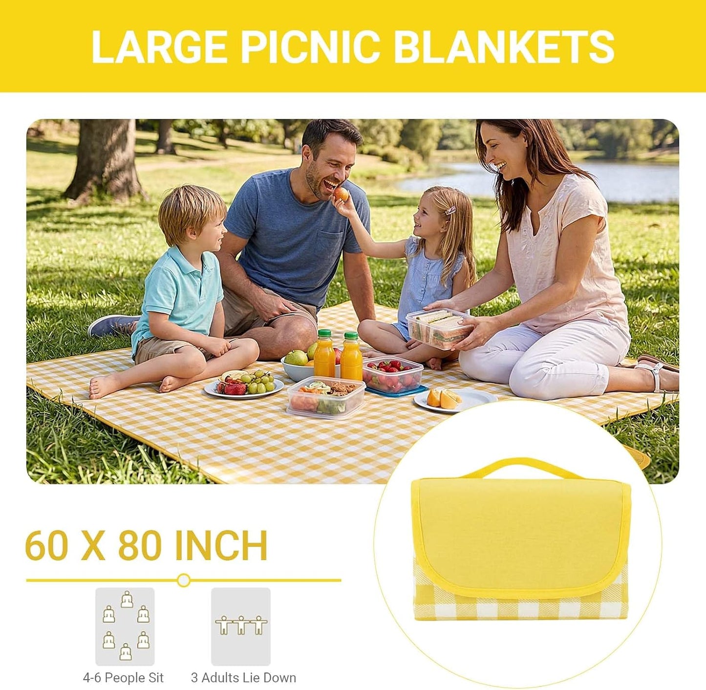 1 Pack Gingham Waterproof Outdoor Picnic Blanket 80x60 Inch Yellow | Oxford Fabric PVC Waterproof Backing Velcro Closure Foldable Portable Outdoor Beach Blanket Sandproof Picnic Mat 80x60 Inch