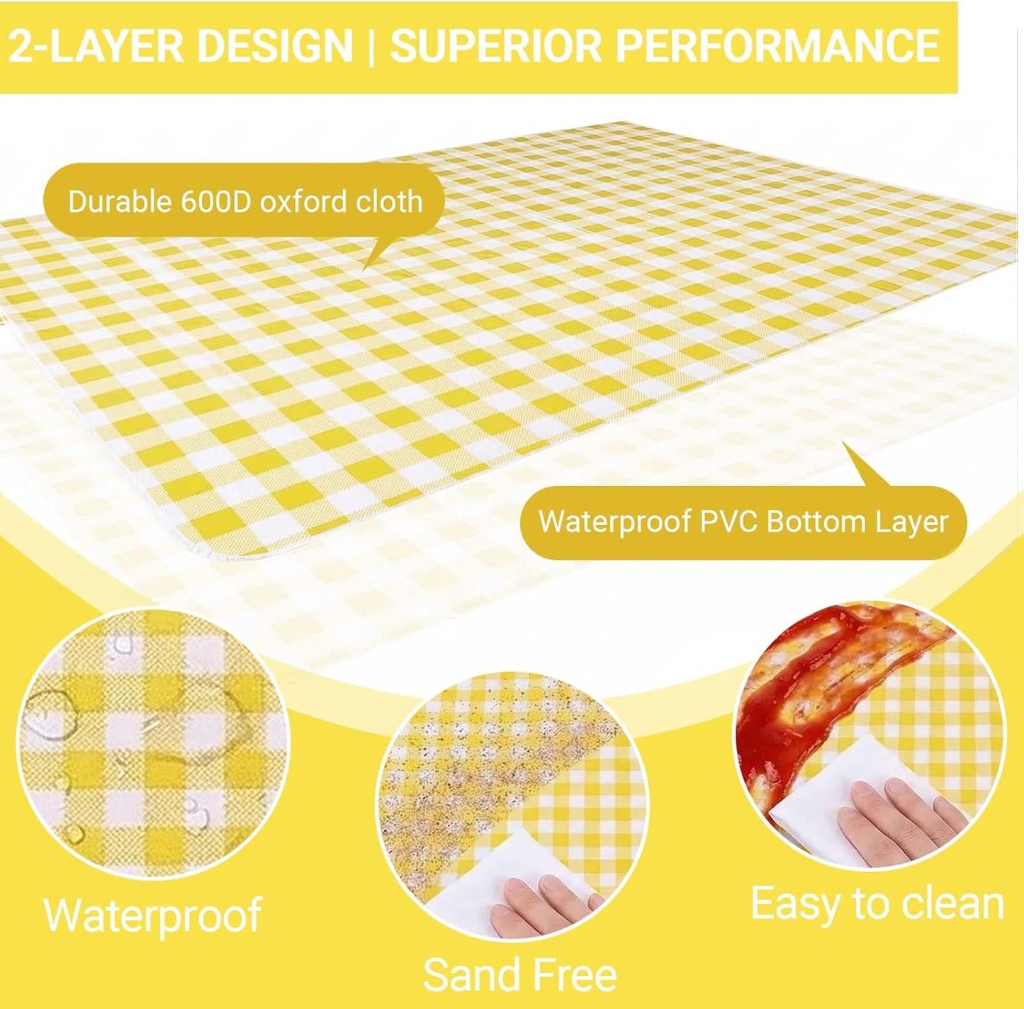 1 Pack Gingham Waterproof Outdoor Picnic Blanket 80x60 Inch Yellow | Oxford Fabric PVC Waterproof Backing Velcro Closure Foldable Portable Outdoor Beach Blanket Sandproof Picnic Mat 80x60 Inch