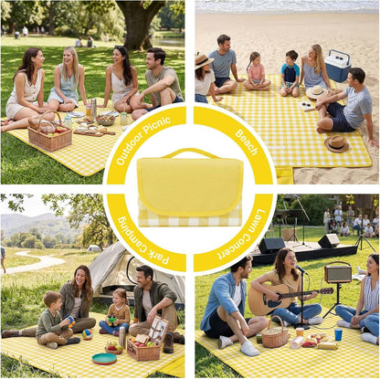 1 Pack Gingham Waterproof Outdoor Picnic Blanket 80x60 Inch Yellow | Oxford Fabric PVC Waterproof Backing Velcro Closure Foldable Portable Outdoor Beach Blanket Sandproof Picnic Mat 80x60 Inch