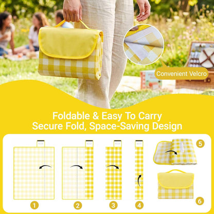 1 Pack Gingham Waterproof Outdoor Picnic Blanket 80x60 Inch Yellow | Oxford Fabric PVC Waterproof Backing Velcro Closure Foldable Portable Outdoor Beach Blanket Sandproof Picnic Mat 80x60 Inch