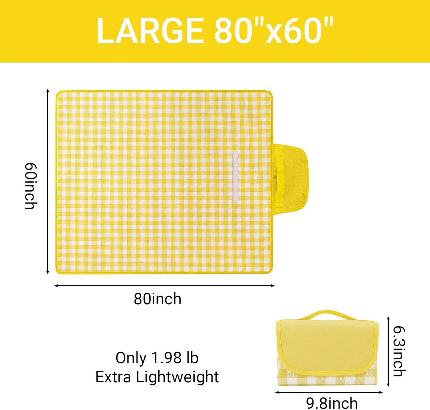 1 Pack Gingham Waterproof Outdoor Picnic Blanket 80x60 Inch Yellow | Oxford Fabric PVC Waterproof Backing Velcro Closure Foldable Portable Outdoor Beach Blanket Sandproof Picnic Mat 80x60 Inch