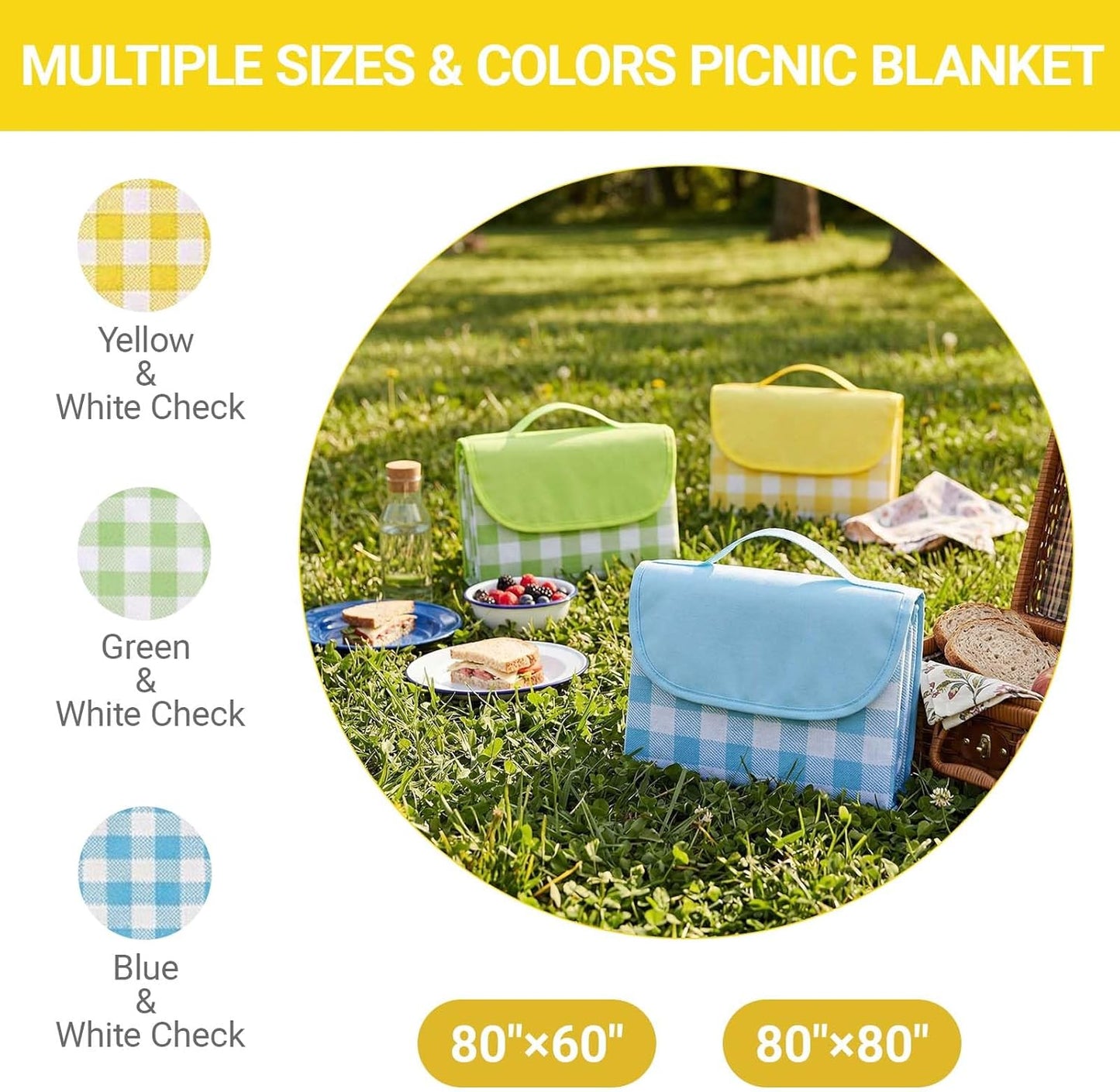 1 Pack Gingham Waterproof Outdoor Picnic Blanket 80x60 Inch Yellow | Oxford Fabric PVC Waterproof Backing Velcro Closure Foldable Portable Outdoor Beach Blanket Sandproof Picnic Mat 80x60 Inch
