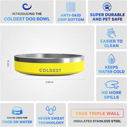 Dog Bowl - Anti Rust Metal, Non Slip, 3 Layers Insulated Stainless Steel Dog Bowls - Spill Proof & Heavy Duty - Water Bowl for Dogs, Cats & Pets, Dish Washer Safe (21 oz, Solar Yellow)