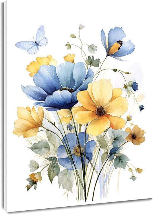 Vintage Wildflower Wall Art Blue and Yellow Flower and Leaves butterfly Abstract Painting Watercolor Plant Wall Art for Bathroom Living Room Bedroom Kitchen Decor Ready to Hang, 16Lx12W Inches