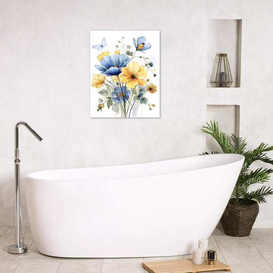 Vintage Wildflower Wall Art Blue and Yellow Flower and Leaves butterfly Abstract Painting Watercolor Plant Wall Art for Bathroom Living Room Bedroom Kitchen Decor Ready to Hang, 16Lx12W Inches