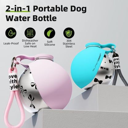 2-in-1 Portable Dog Water Bottle for Small Dogs - Leak-Proof & Compact Dog Travel Water Bottle -Stainless Steel Bottle & Silicone Bowl - Ideal for Walking, Hiking & Travels (10 fl oz, Pink)