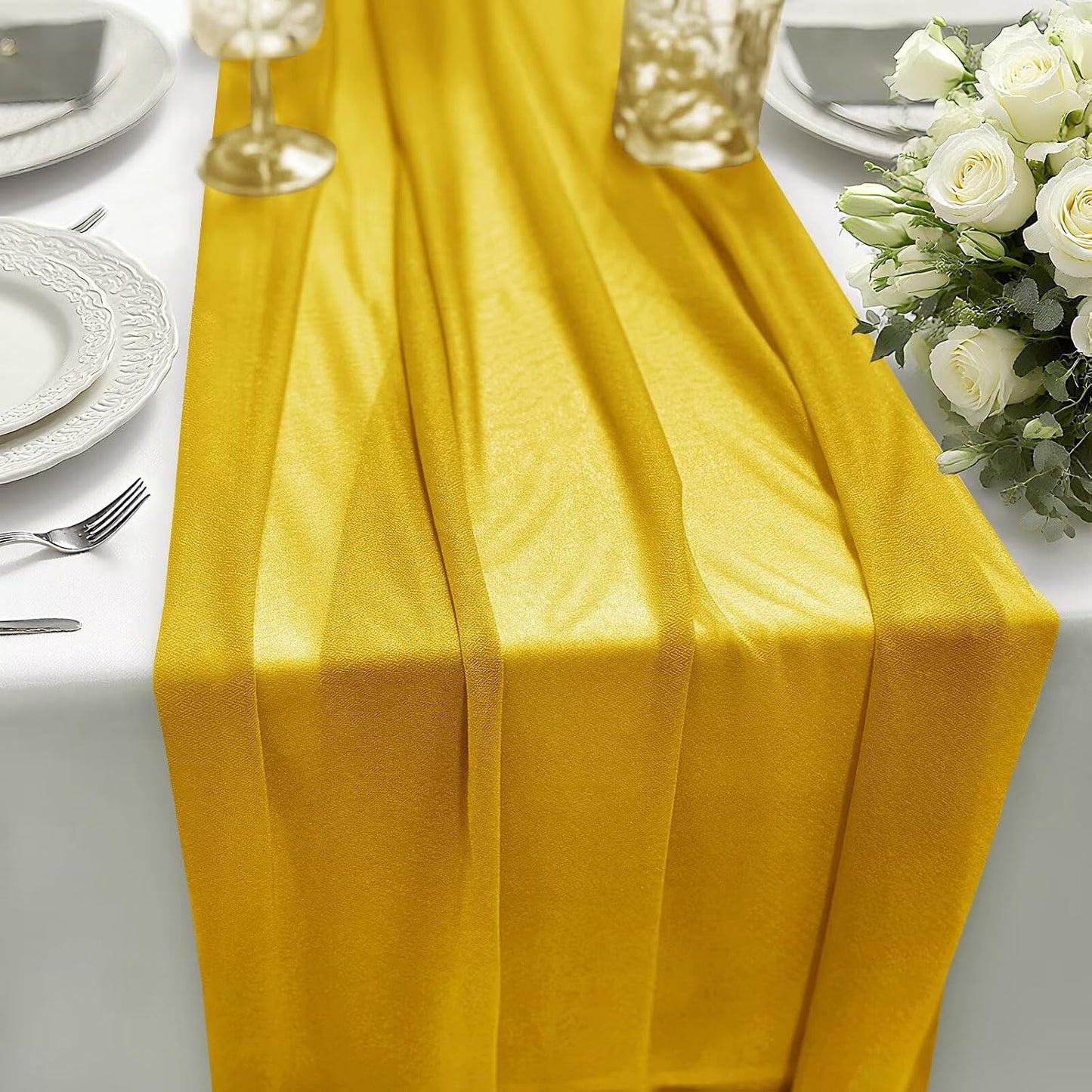 Yellow Chiffon Table Runner Elegant 10FT 28x120 Inch | Dining Table Decor for Wedding, Birthday, Anniversary, Baby Shower, Bridal Shower Party and Boho Rustic Home Decorations