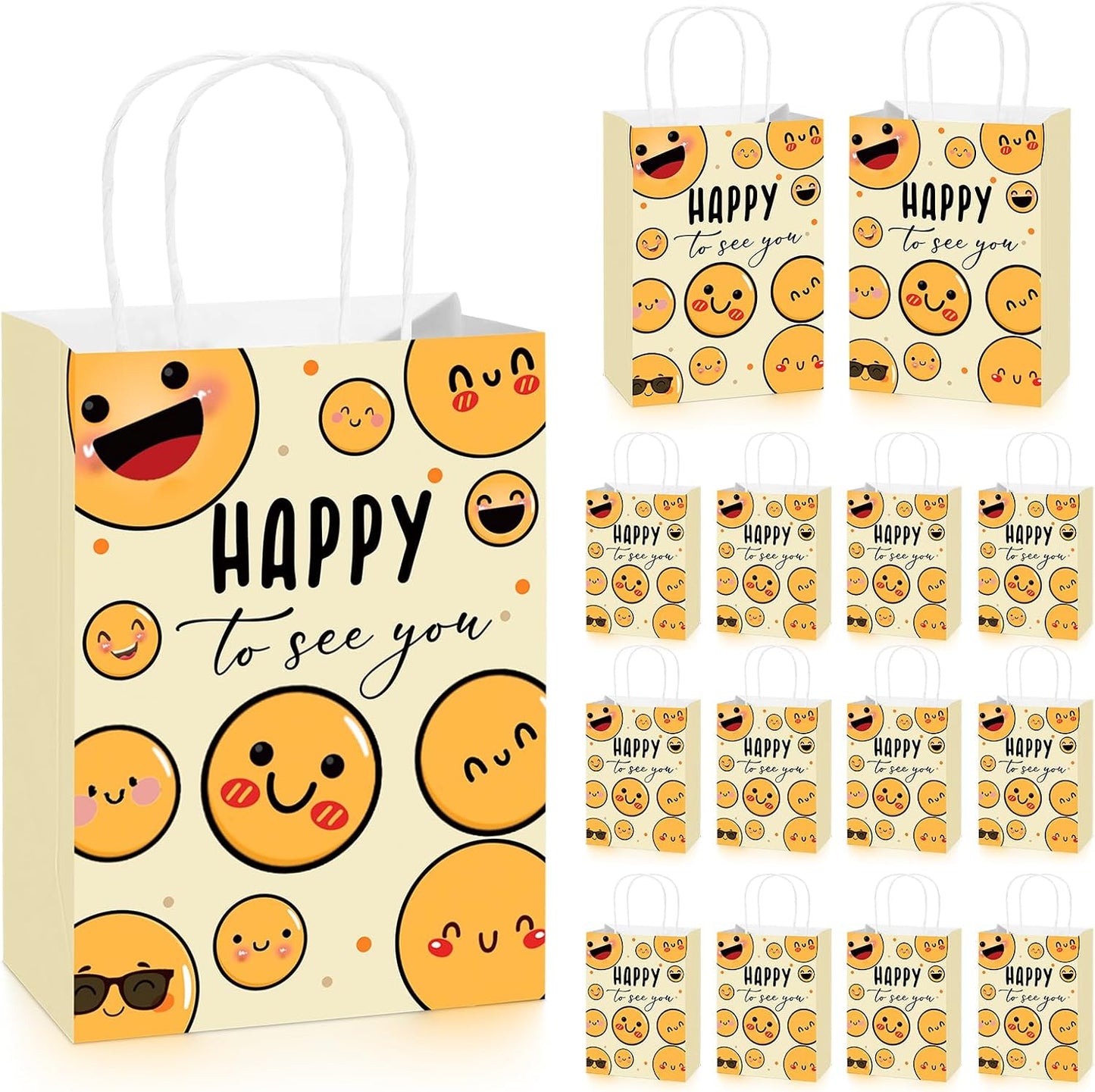 25 Pcs Happy to See You Gift Bags, Smile Face Favor Bags Bulk | Back to School Gift Bags with Handles, Welcome Open House Gifts, Happy Face Party Supplies, First Day of School Decorations