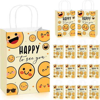 25 Pcs Happy to See You Gift Bags, Smile Face Favor Bags Bulk | Back to School Gift Bags with Handles, Welcome Open House Gifts, Happy Face Party Supplies, First Day of School Decorations