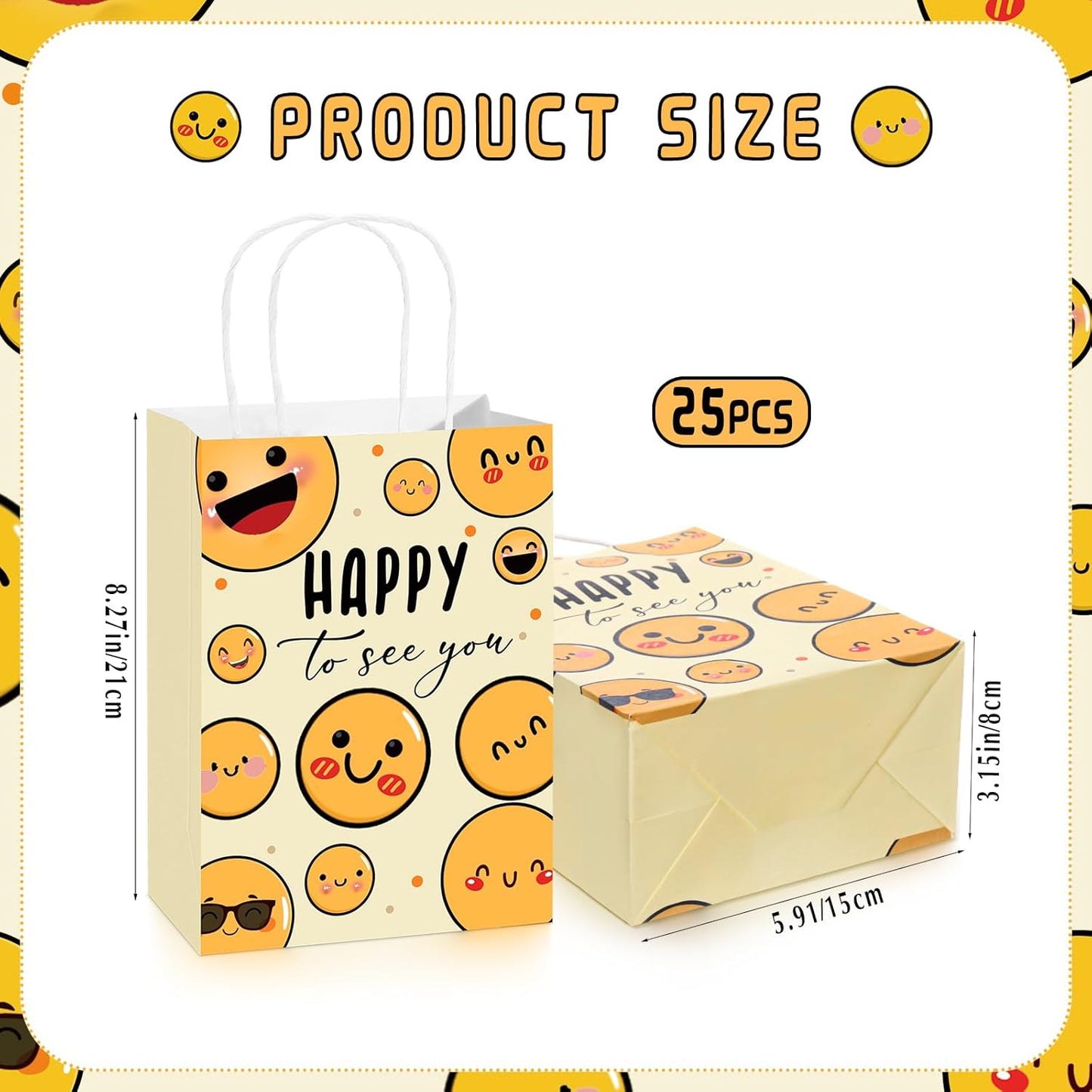 25 Pcs Happy to See You Gift Bags, Smile Face Favor Bags Bulk | Back to School Gift Bags with Handles, Welcome Open House Gifts, Happy Face Party Supplies, First Day of School Decorations