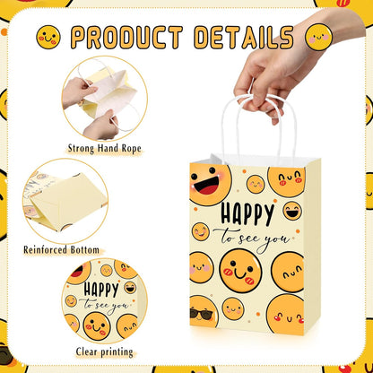 25 Pcs Happy to See You Gift Bags, Smile Face Favor Bags Bulk | Back to School Gift Bags with Handles, Welcome Open House Gifts, Happy Face Party Supplies, First Day of School Decorations