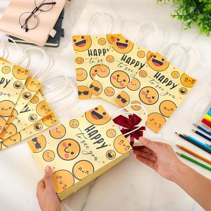 25 Pcs Happy to See You Gift Bags, Smile Face Favor Bags Bulk | Back to School Gift Bags with Handles, Welcome Open House Gifts, Happy Face Party Supplies, First Day of School Decorations