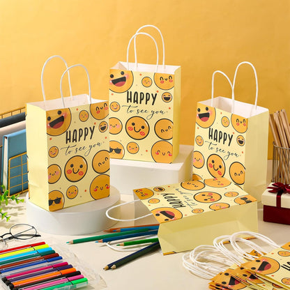 25 Pcs Happy to See You Gift Bags, Smile Face Favor Bags Bulk | Back to School Gift Bags with Handles, Welcome Open House Gifts, Happy Face Party Supplies, First Day of School Decorations