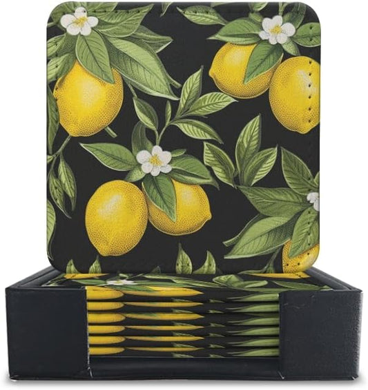 Coasters for Drinks with Holder, Lemons and Leaves on Dark Canvas Square Coaster for Tabletop Protection, 6Pcs Coasters for Home Decor
