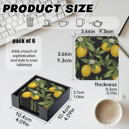 Coasters for Drinks with Holder, Lemons and Leaves on Dark Canvas Square Coaster for Tabletop Protection, 6Pcs Coasters for Home Decor