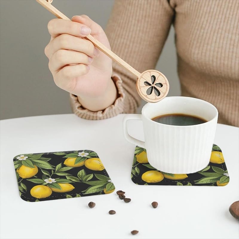 Coasters for Drinks with Holder, Lemons and Leaves on Dark Canvas Square Coaster for Tabletop Protection, 6Pcs Coasters for Home Decor